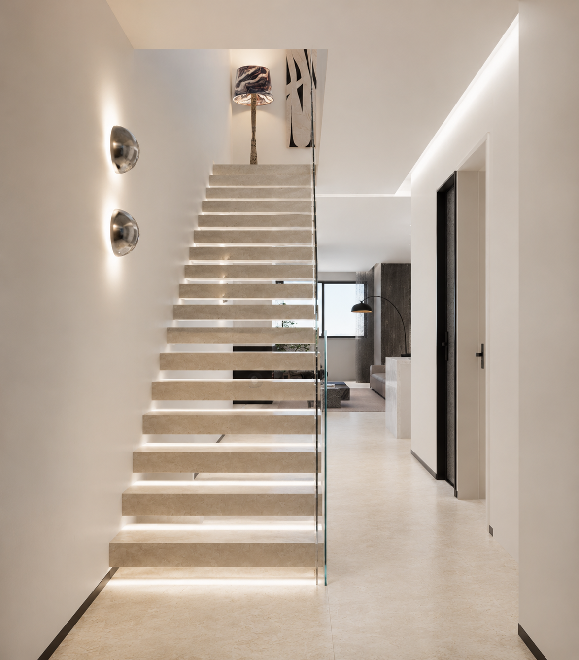 Minimalist illuminated floating staircase