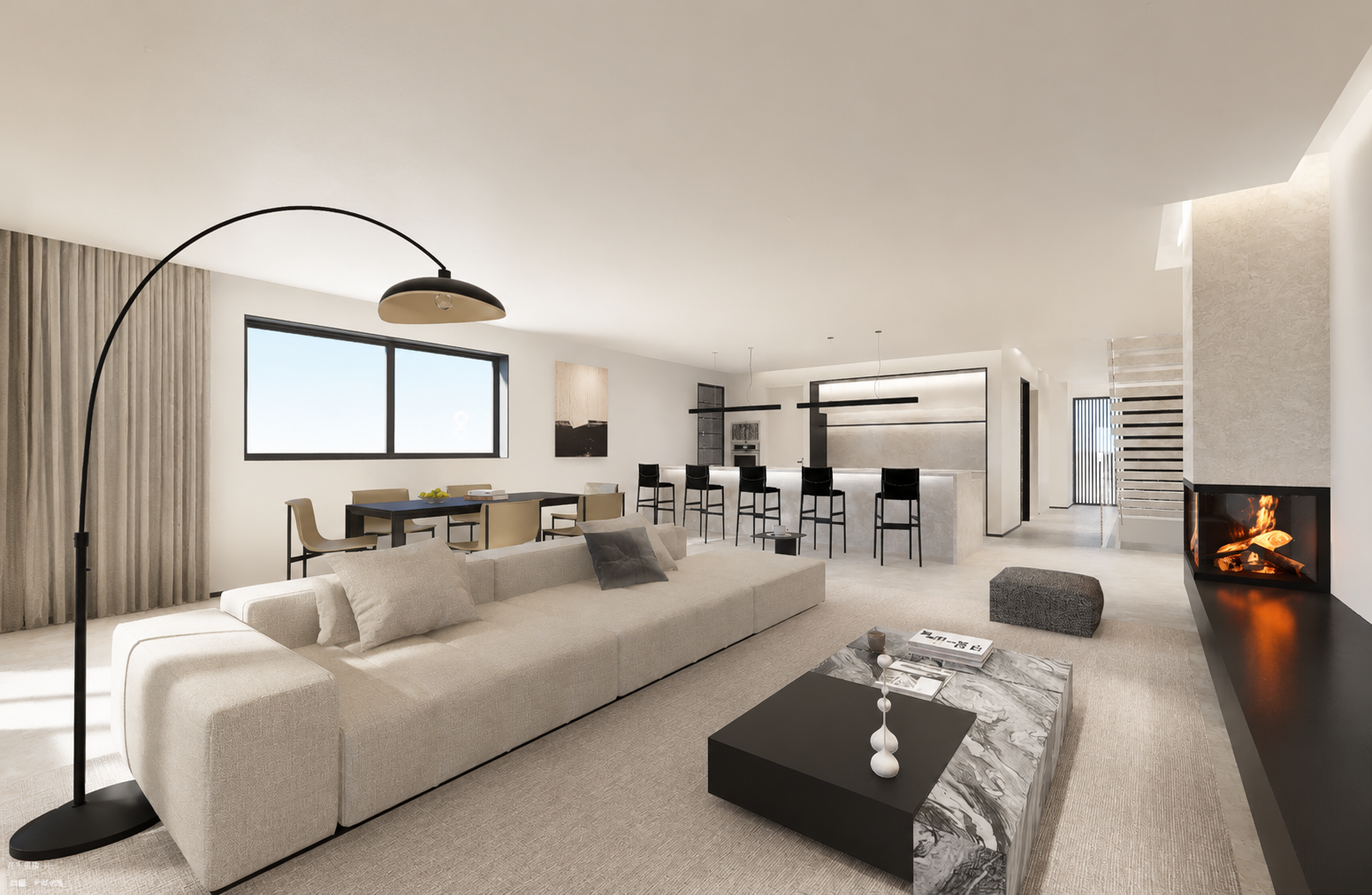 Minimalist living room with open kitchen and fireplace
