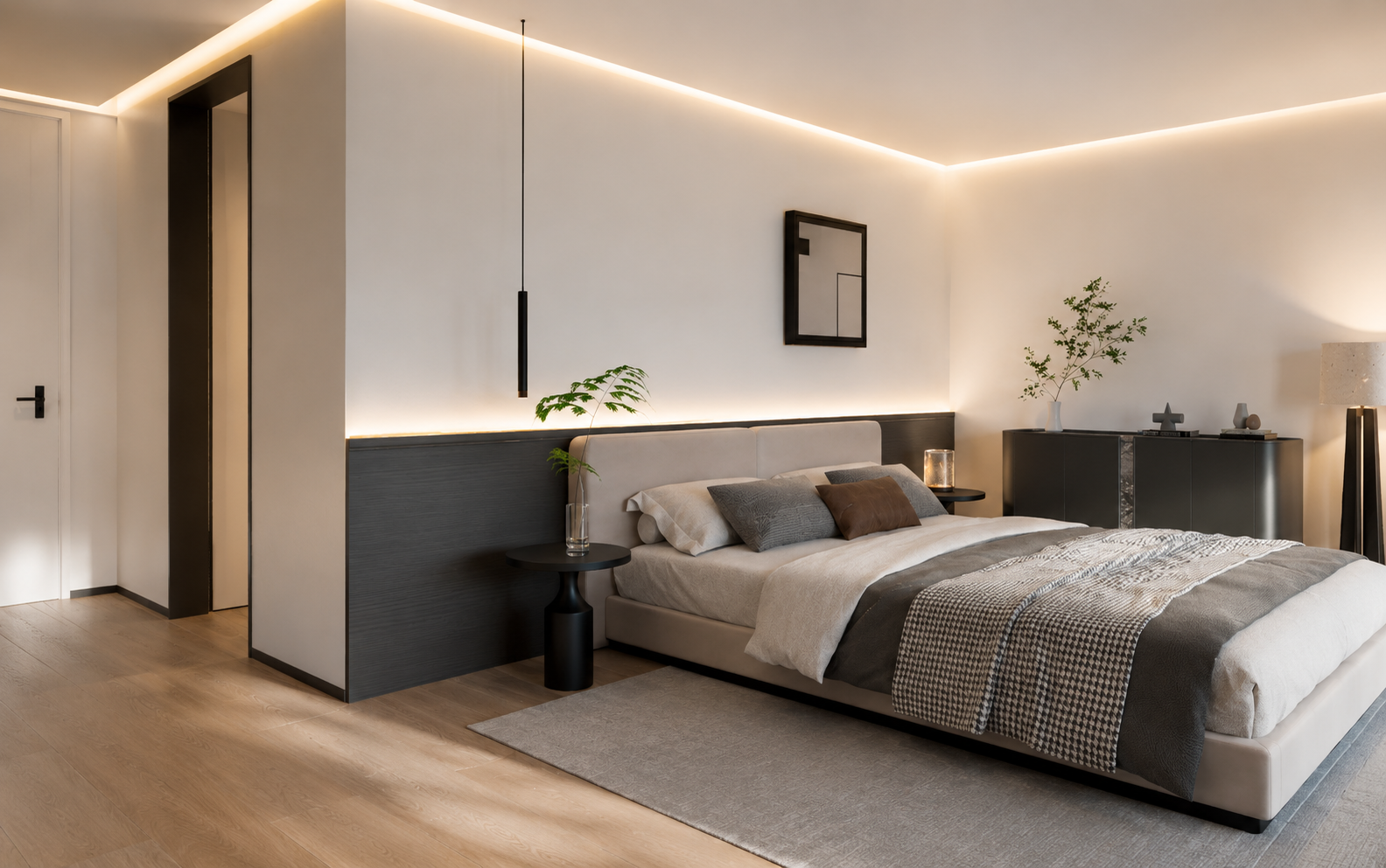 Minimalist bedroom corner view with warm ceiling lighting