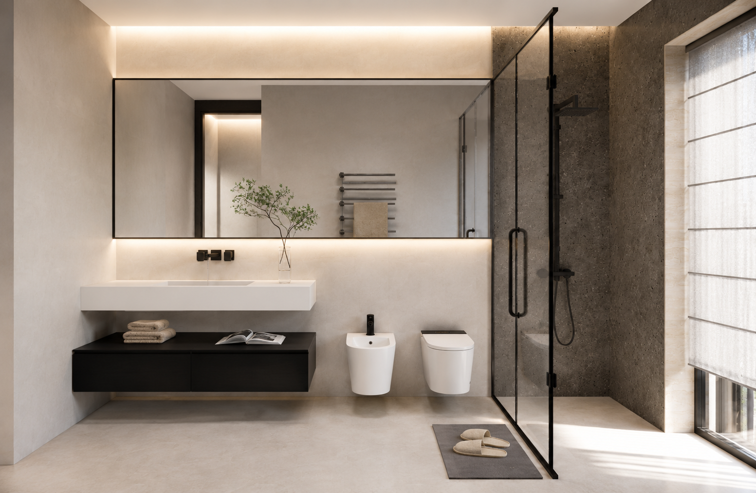 Minimalist bathroom with stone shower enclosure