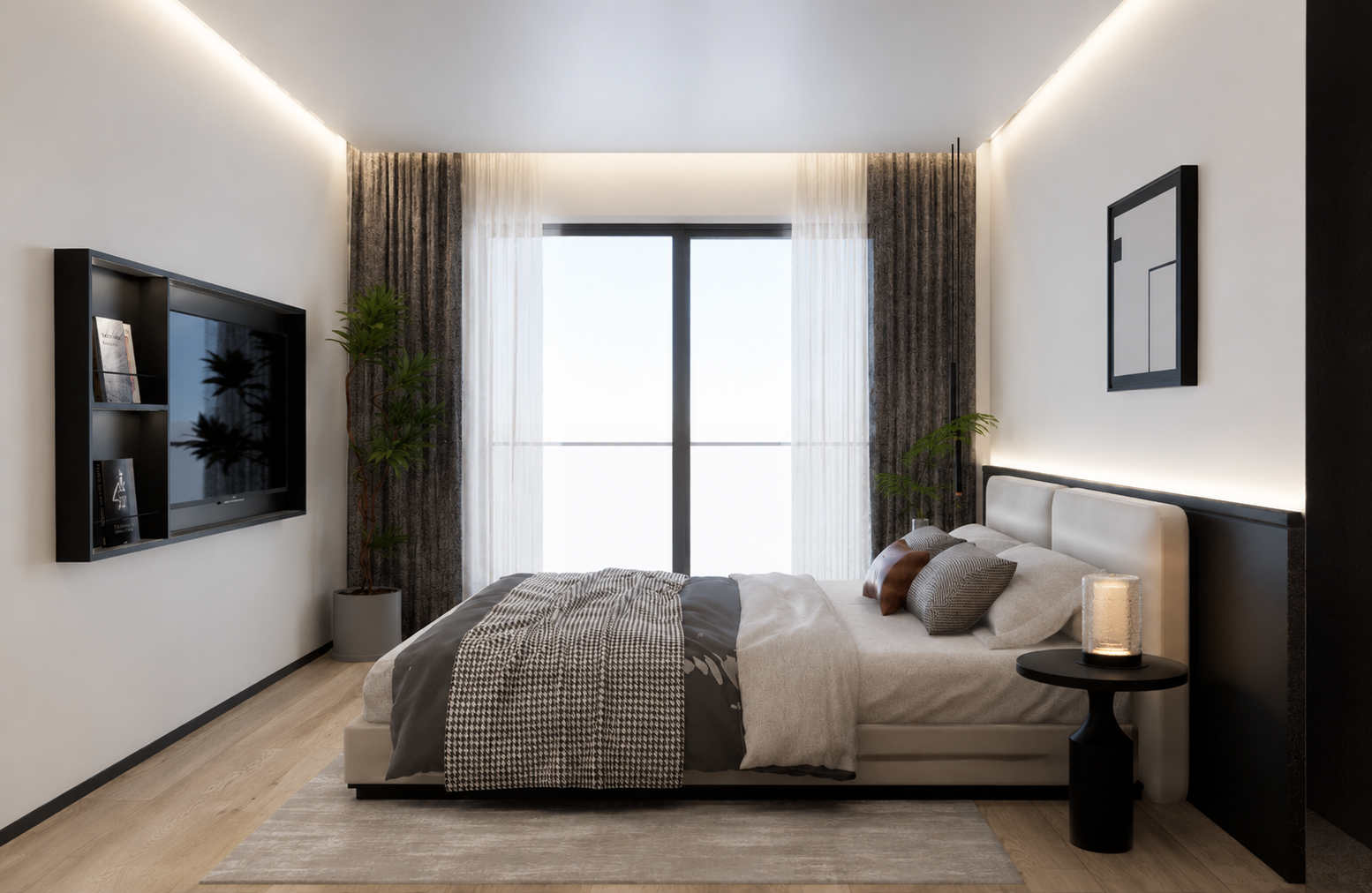 Minimalist bedroom with large window and layered curtains
