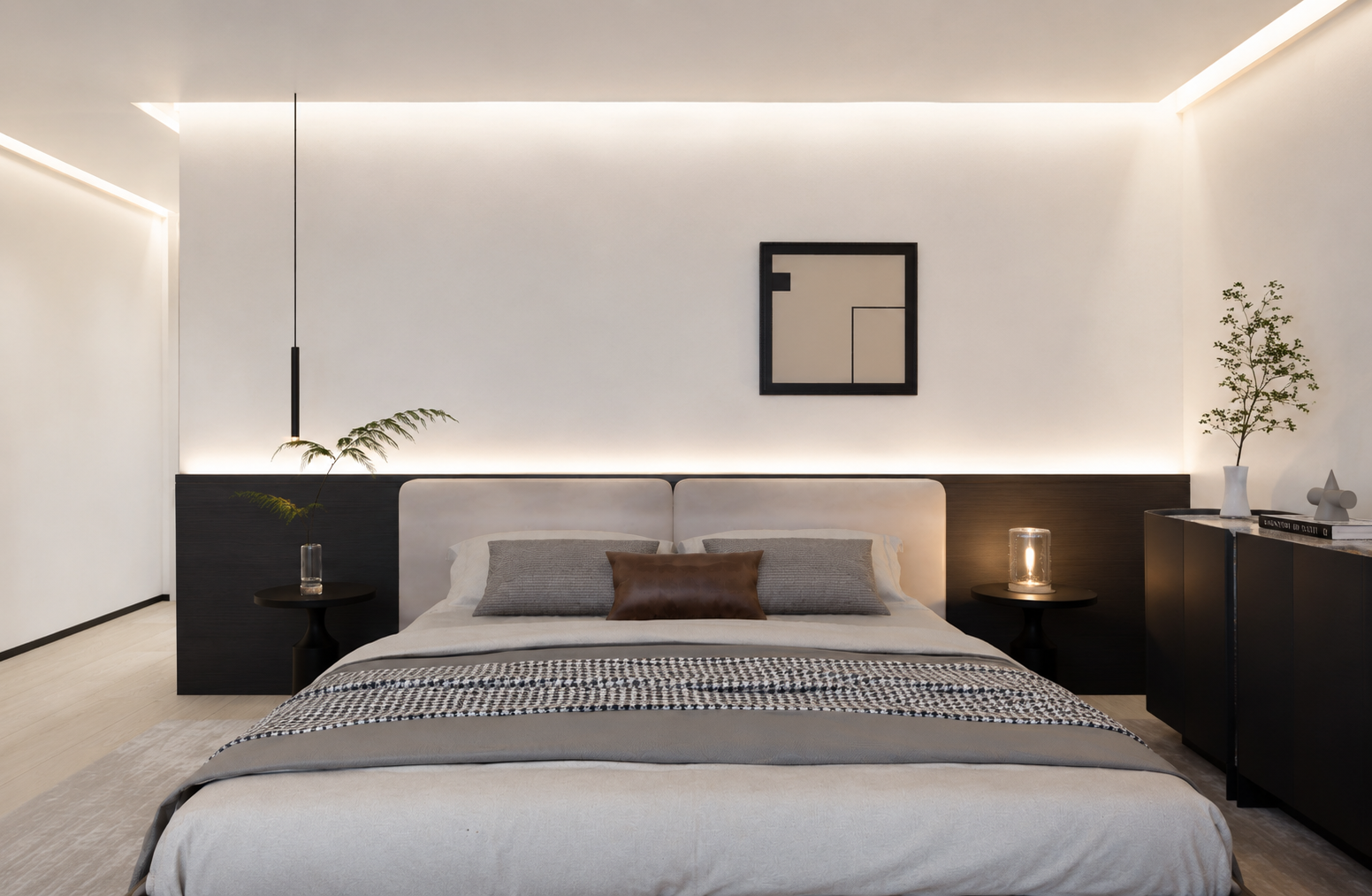 Minimalist bedroom front view with dark headboard and soft lighting